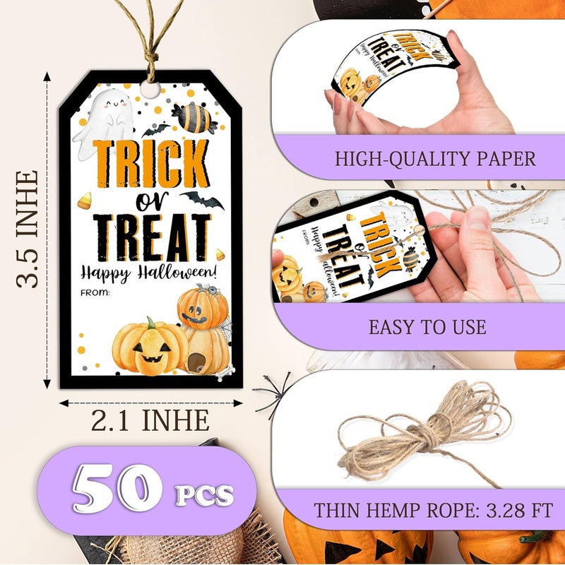 RPLCSPC Halloween Paper Gift Tags with String-50Pcs,Trick Or Treat for You Happy Halloween Tags for Goodie Bags, 2 x 3.5 Inch Writable Waterproof Hanging Labels for Decor Party Supplies, Gift Wrapping-B05 - Image 2